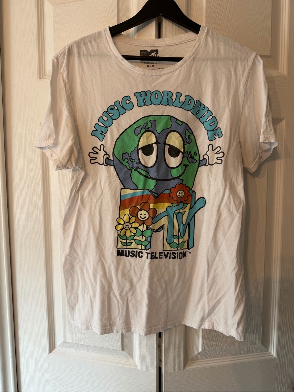 MTV White Tee with Colorful 'Music Worldwide' Globe Graphic